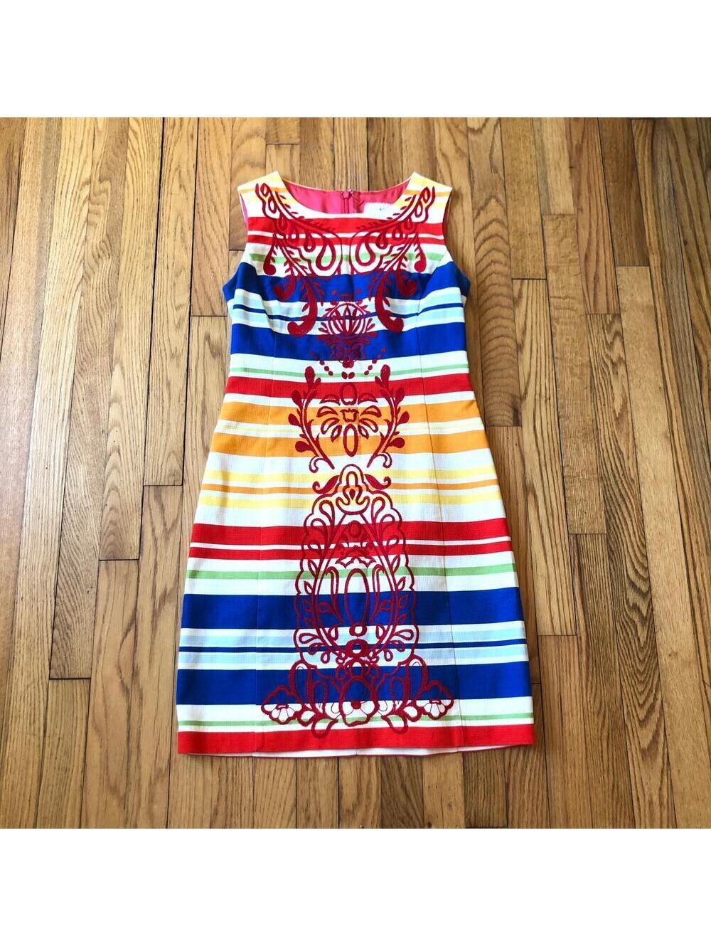 Anthropologie Tabitha EUC Women's Banded Totem Shift Dress Red Orange Striped 4